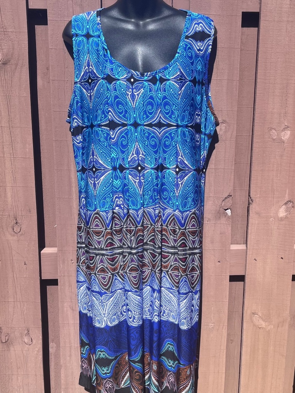 Elementz Scoop Neck Sleeveless Dress in Blue, Aqua, White & Black Midi Size 1X